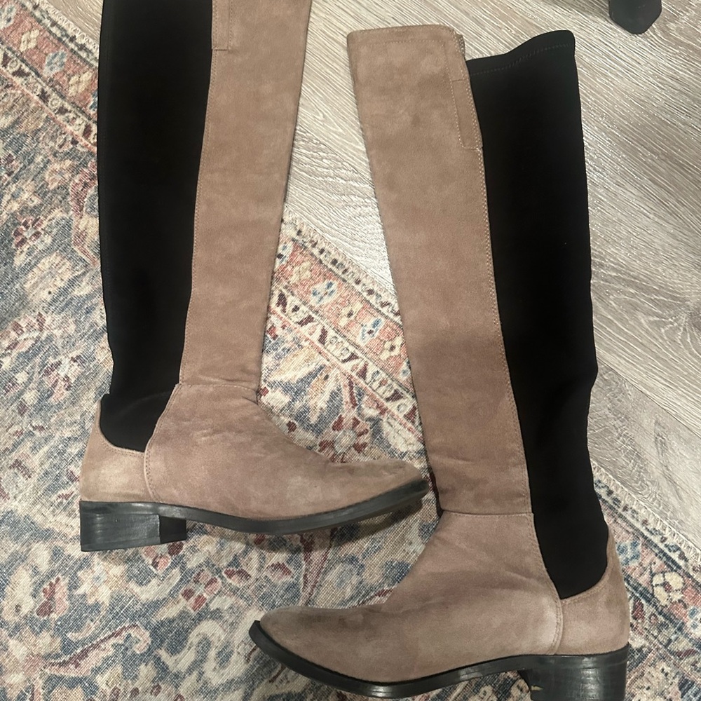 Vince Camuto Tan and Black Over the Knee Boots Sleek Suede Design